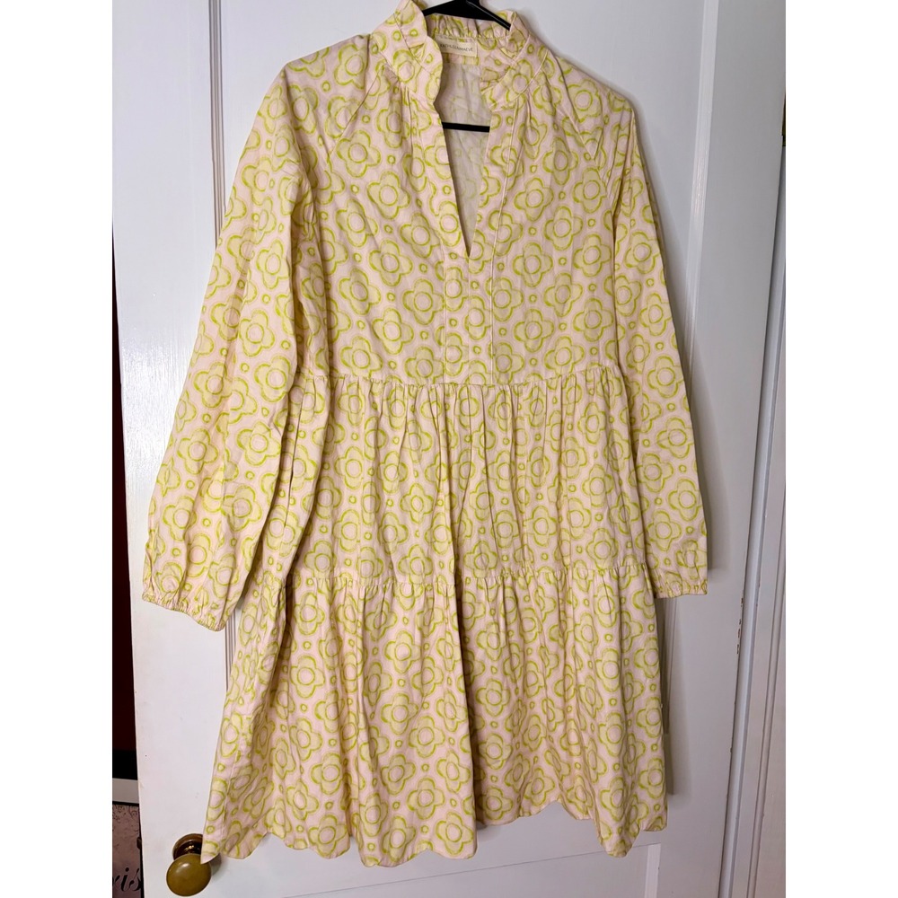 Kathleen Maeve Tiered Mini Dress Lime Green Peach Floral Scallop Hem Preppy med